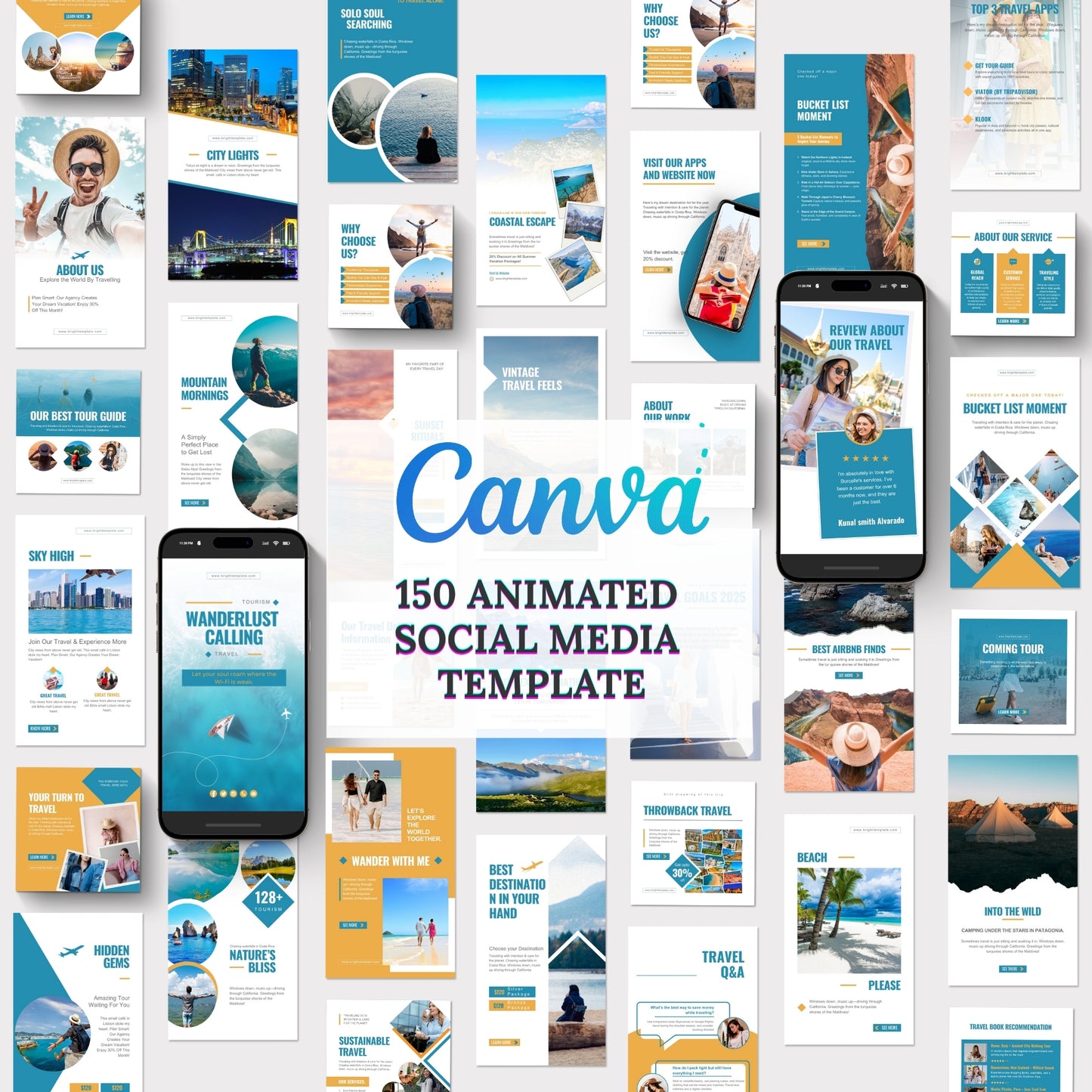 150 Travel Agency Canva Animated Instagram & Pinterest Templates | Tourism & Lifestyle Social Media Bundle
