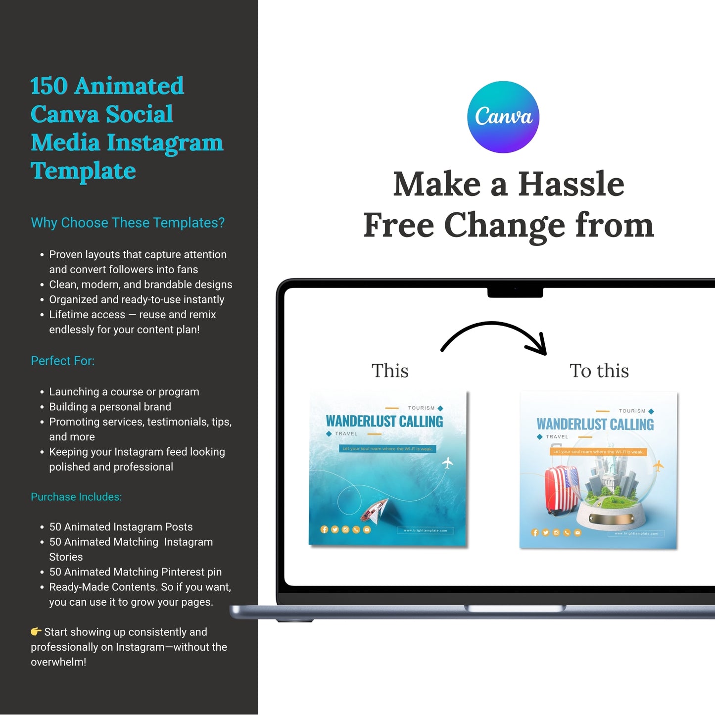150 Travel Agency Canva Animated Instagram & Pinterest Templates | Tourism & Lifestyle Social Media Bundle