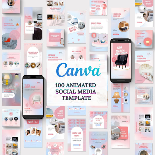 100 Furniture Canva Animated Instagram Social Media Templates Bundle | Home Décor, Interior Design & Small Business