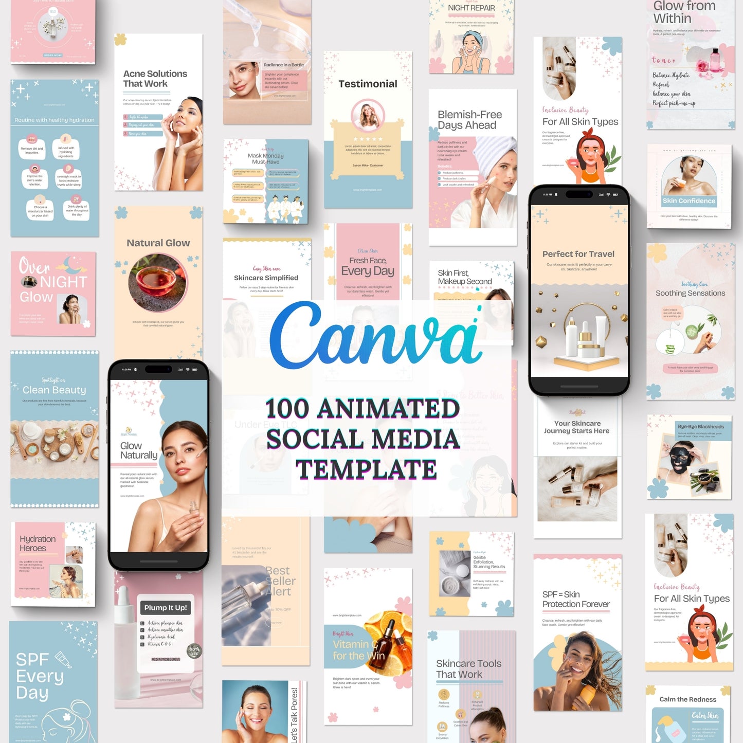 100 Skincare Canva Animated Instagram Social Media Templates Bundle | Fashion, Lifestyle & Small Business