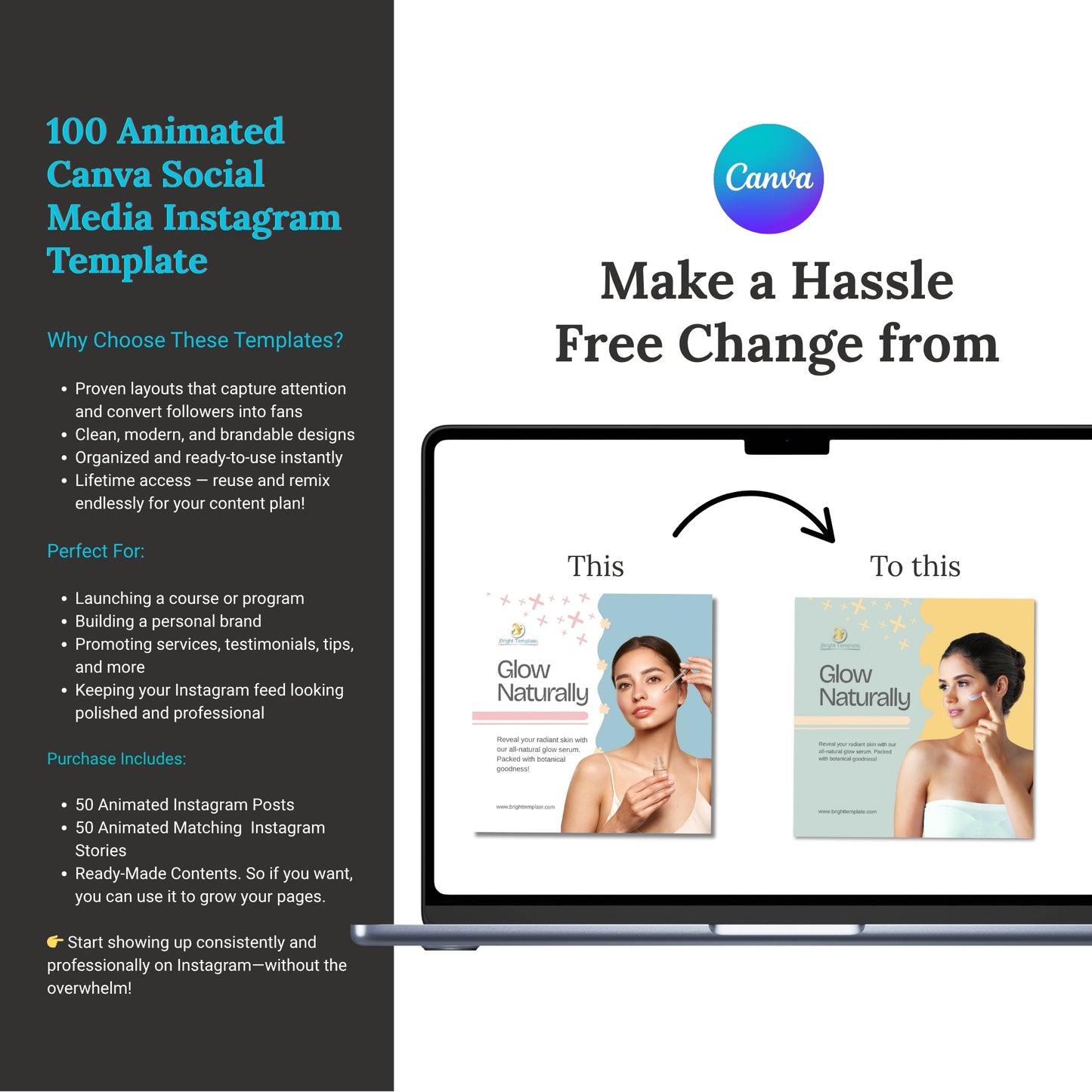 100 Skincare Canva Animated Instagram Social Media Templates Bundle | Fashion, Lifestyle & Small Business