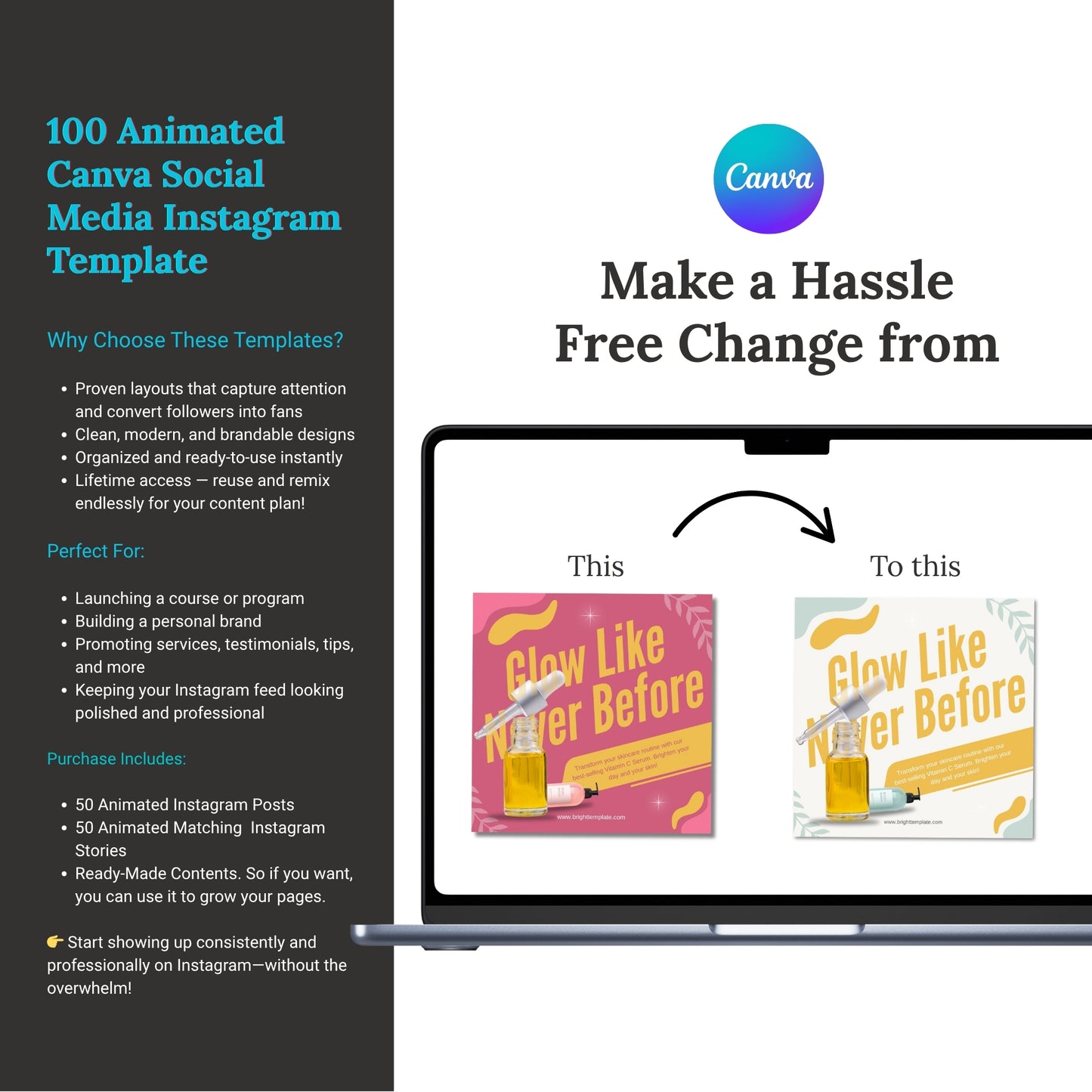 100+ Canva Animated Instagram Social Media Templates Bundle | Skincare, Fashion, Lifestyle & Small Business