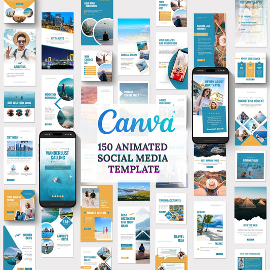 150 Travel Agency Canva Animated Instagram & Pinterest Templates | Tourism & Lifestyle Social Media Bundle